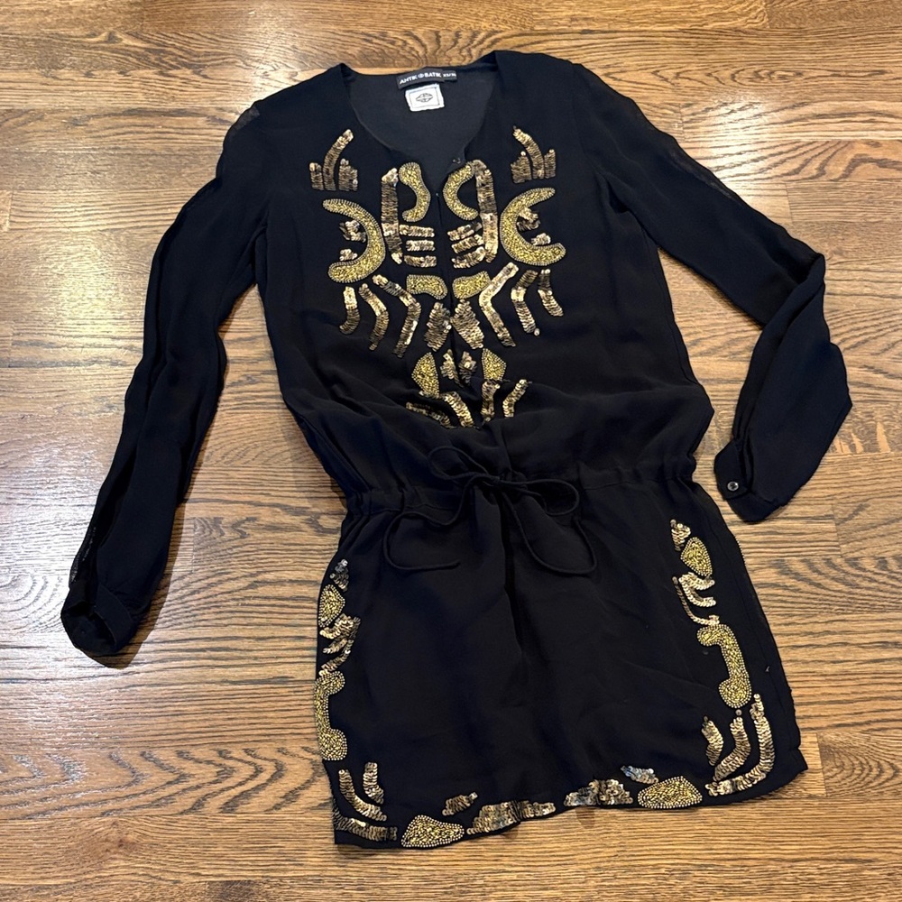 Antik Batik Black drop waist mini dress, gold sequins, xS